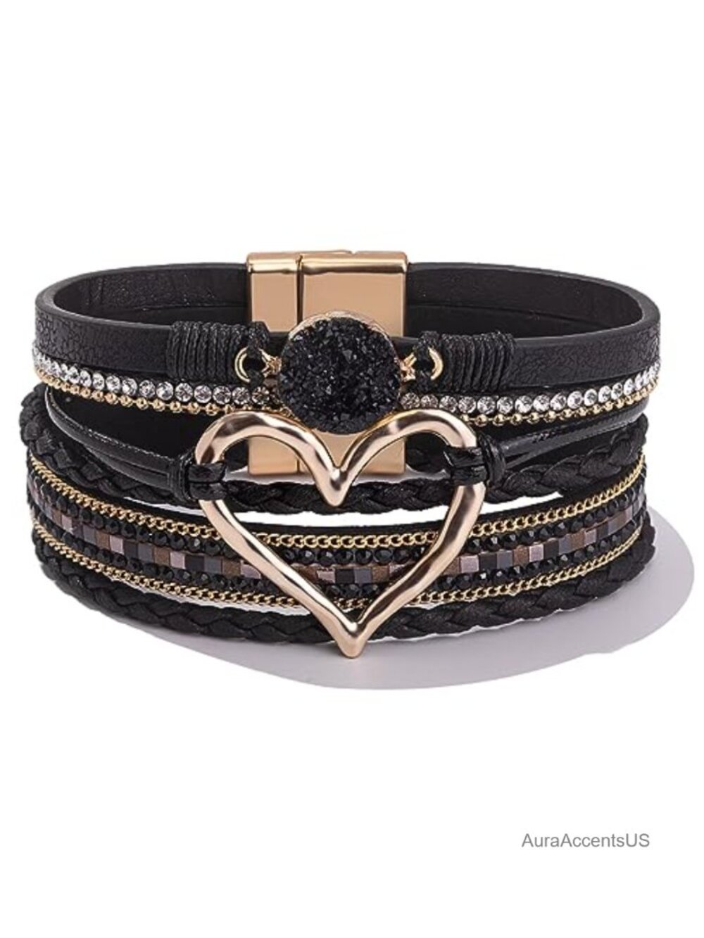 Faux Leather Wrap Bracelet with Cubic Zirconia Heart and Magnetic Clasp